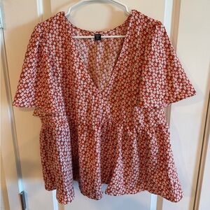 SHEIN Red Floral V-Neck Peplum Blouse